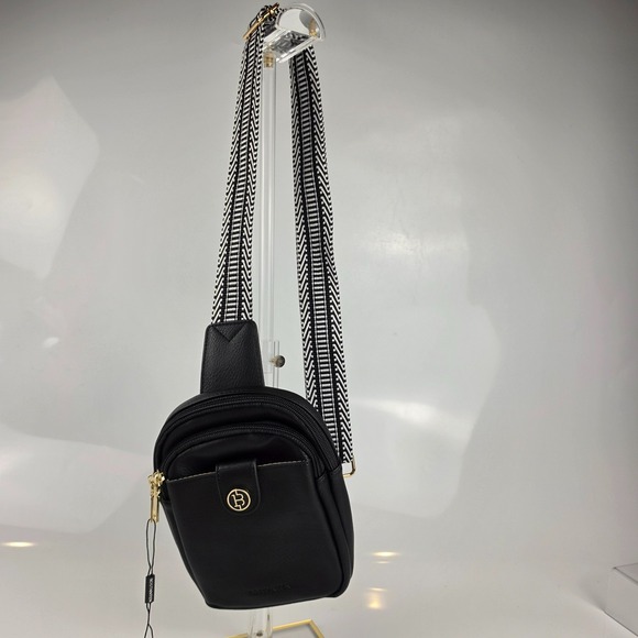 Bostanten Handbags - Bostanten NWT Black Leather‎ Sling Crossbody Bag Chevron Strap Gold Hardware